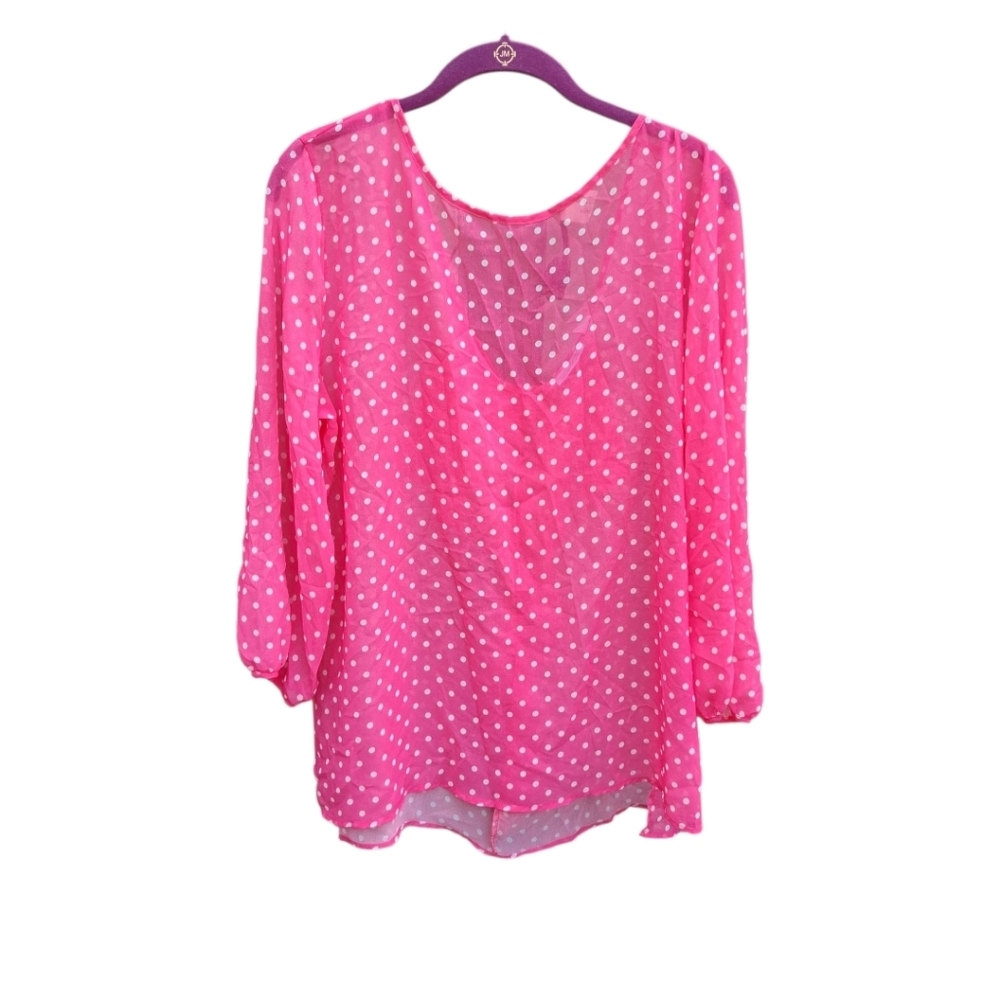 Sweet Pea Top Pink Women Large Polka Dot Sheer 90s Bow Ruffle Back Femenine
